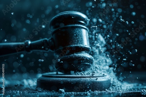 A wooden gavel slams down on a block, creating a burst of dust and debris. The image is shot in a dark, dramatic style. photo
