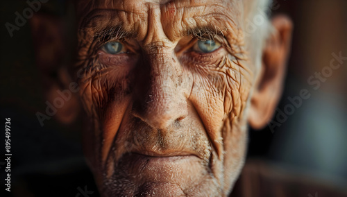 Close-up portrait of an elderly man with deep wrinkles and piercing blue eyes, showcasing the beauty of age and wisdom.