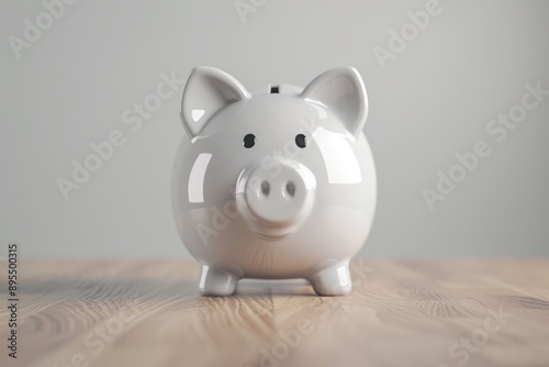 A white piggy bank sits on a wooden table against a white background.  The piggy bank is a symbol of savings and financial security. photo