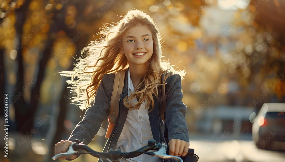 Happy young woman riding a bicycle in the park during autumn, enjoying the warm sunlight and fresh air, surrounded by golden leaves. Happy young woman riding a bicycle in the park during autumn, enjoying the warm sunlight and fresh air, surrounded by golden leaves.