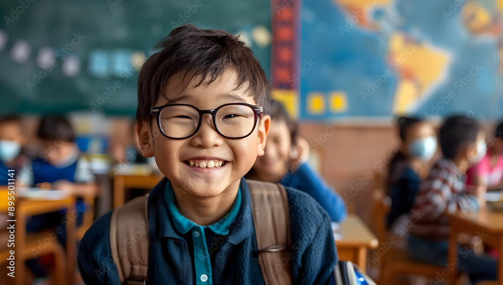Smiling young student with glasses in a classroom, surrounded by classmates, ready to learn and succeed with enthusiasm. Smiling young student with glasses in a classroom, surrounded by classmates, ready to learn and succeed with enthusiasm.