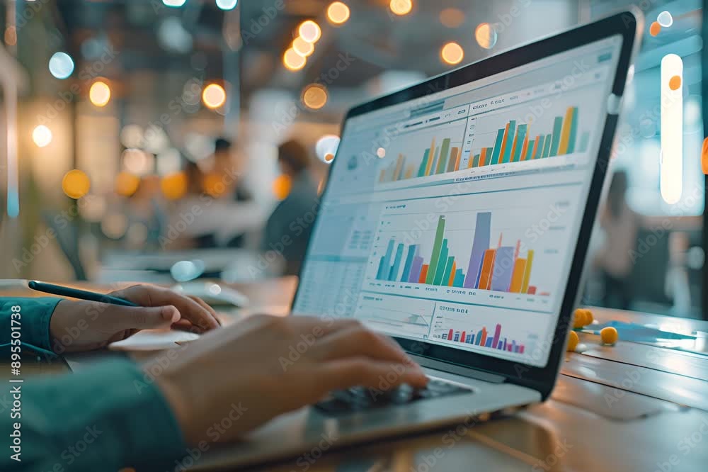African American woman using virtual dashboard to predict emerging market trends.