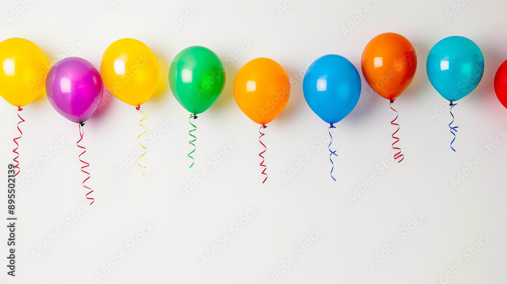 Colorful balloons float in the air against a plain white backdrop. Colorful balloons float in the air against a plain white backdrop.