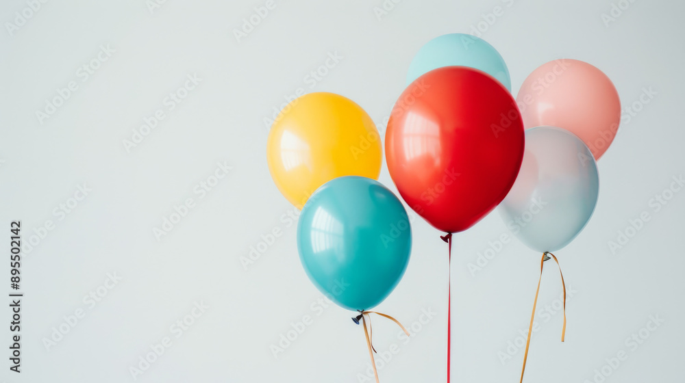 Colorful balloons float in the air against a plain white backdrop. Colorful balloons float in the air against a plain white backdrop.