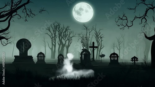 Halloween Animation of Haunted Graveyard with Spooky Ghost and Full Moon