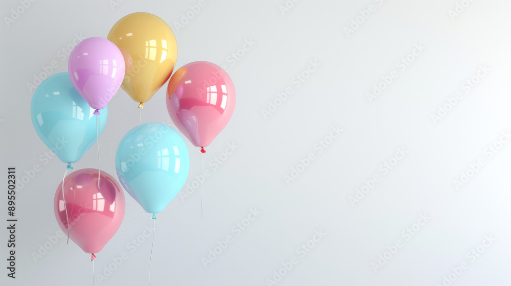 Colorful balloons float in the air against a plain white backdrop.