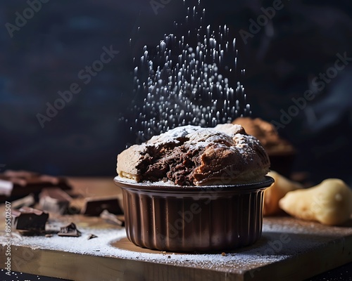 An elegant chocolate souffl fresh out of the oven dusted with powdered sugar set against a dark backdrop to highlight its rich texture photo