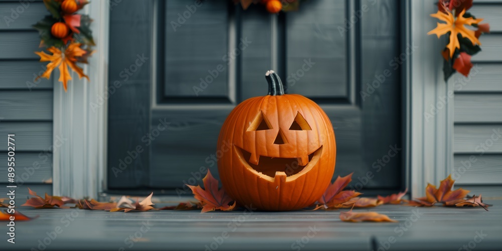 Obraz premium A large, carved pumpkin sits on a porch, ready for Halloween