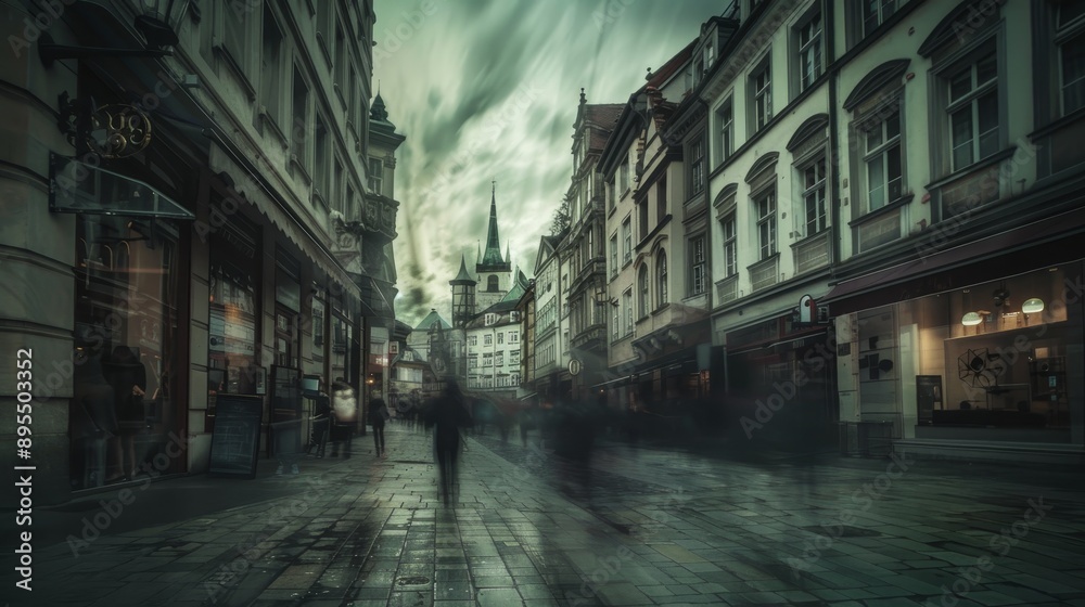 Fototapeta premium A moody image of a narrow European city street at dusk, with the buildings casting long shadows. The street is mostly empty, except for a few figures walking in the distance. The sky is dark and storm