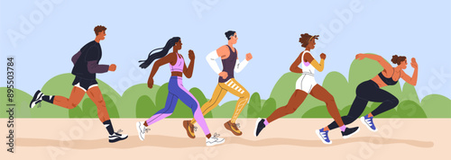 People running in park. Diverse characters group, runners in outdoor marathon, cardio training. Active young men, women jogging. Sports activity, competition in nature. Flat vector illustration