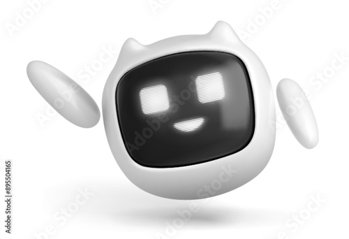 Chatbot robot isolated on white background. Vector realistic illustration of 3d ai bot character waving hand, smiling led face on display, support service assistant, cute computer technology mascot