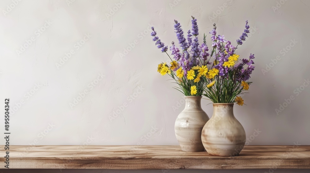 A bouquet of lavender and wildflowers in two rustic ceramic vases, set against a simple white wall, symbolism of natural beauty, simplicity, and rustic charm. A bouquet of lavender and wildflowers in two rustic ceramic vases, set against a simple white wall, symbolism of natural beauty, simplicity, and rustic charm.