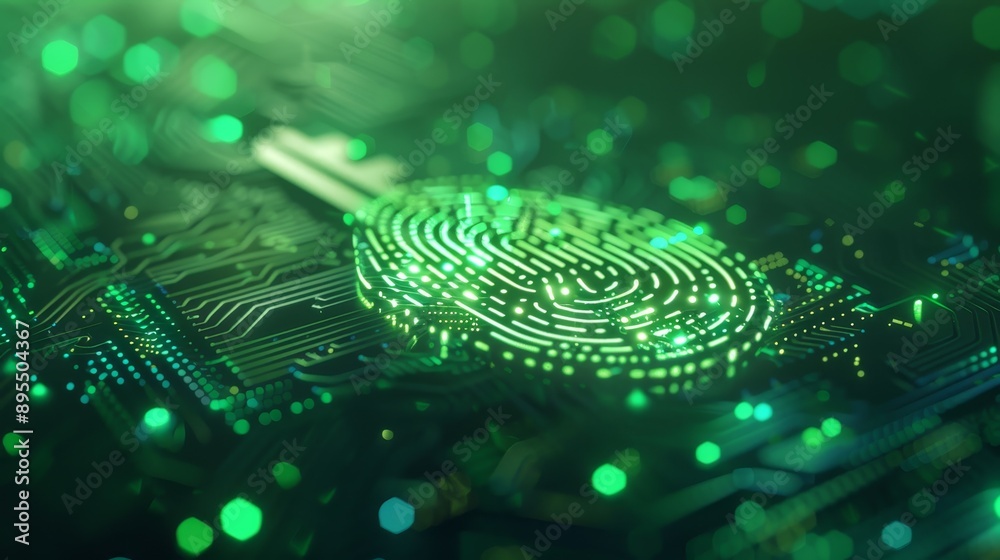 A glowing fingerprint sits atop a circuit board, symbolizing digital security, biometric authentication, data protection, cyber security, and online privacy. A glowing fingerprint sits atop a circuit board, symbolizing digital security, biometric authentication, data protection, cyber security, and online privacy.