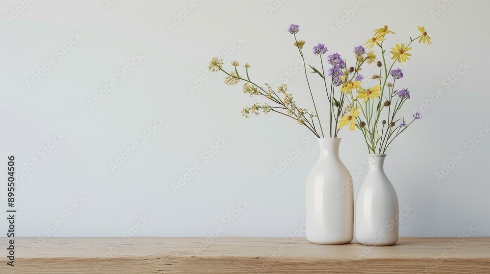 A minimalist still life featuring a bouquet of wildflowers in two white ceramic vases, resting on a rustic wooden tabletop against a clean white backdrop. This image embodies simplicity, nature, and b