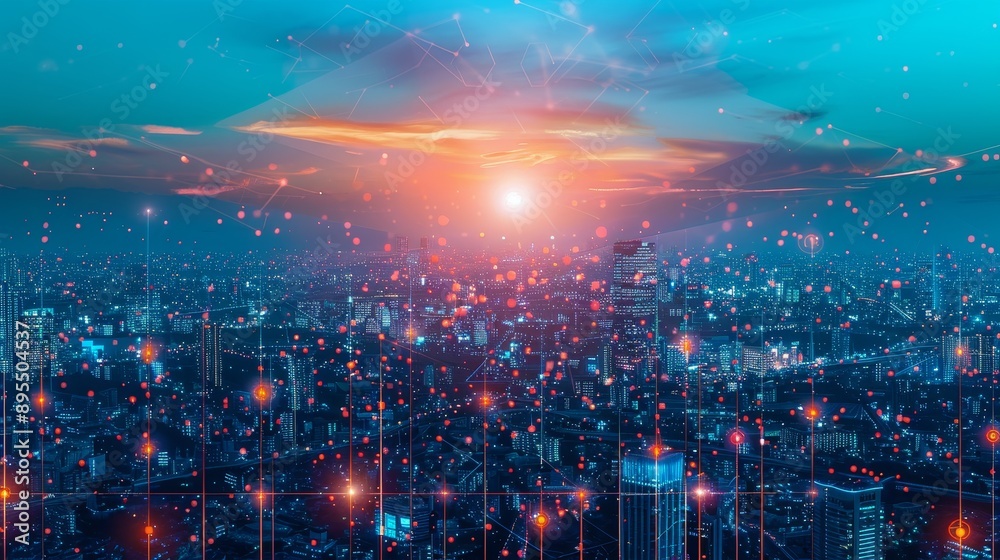 Fototapeta premium A panoramic view of a city skyline at sunset with a network of interconnected lines symbolizing communication, technology, and urban development.