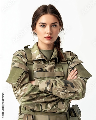 A woman in military uniform standing with her arms crossed. photo