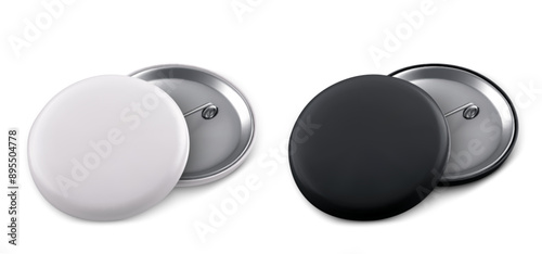 Pin button mockup set isolated on background. Vector realistic illustration of round metal white and black badges with blank surface for corporate promo branding design, souvenir back and front view