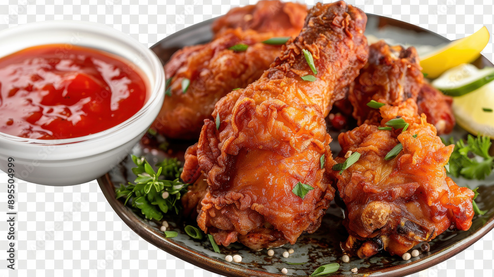 chicken coated with crunchy batter, served with a side of delicious tomato sauce, isolated on a transparent PNG background. chicken coated with crunchy batter, served with a side of delicious tomato sauce, isolated on a transparent PNG background.