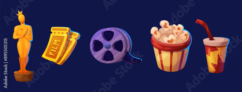 Popcorn and oscar cinema icon. Movie element illustration. Film ticket, tape reel, pop corn snack and drink cup object to watch hollywood premiere show on tv. Modern cinematography design concept