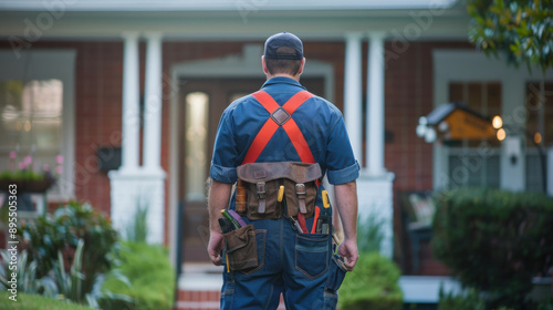 Professional repairman with a tool bag approaching the front door of a home, viewed from behind photo