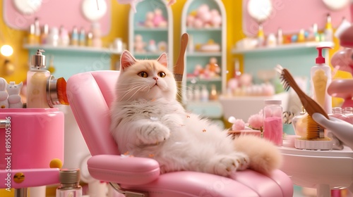 Cute 3D Ragdoll Cat Relaxing at Colorful Pet Grooming Salon