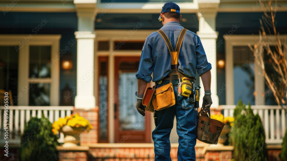 Professional repairman with a tool bag approaching the front door of a home, viewed from behind Professional repairman with a tool bag approaching the front door of a home, viewed from behind