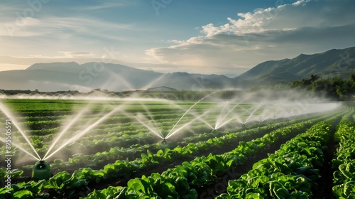 An irrigation system, sprinkles for watering a farm plantation field and growing vegetables, spraying green plants. Agronomy agricultural business, organic food production. Rural farmland in nature photo