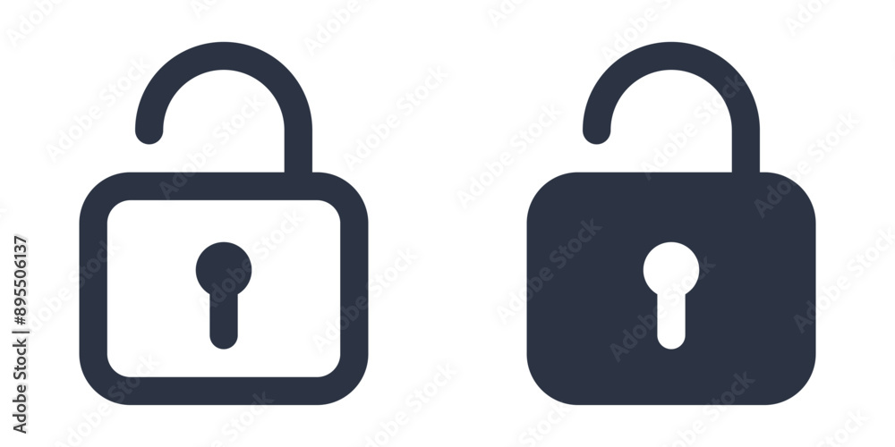 Unlock or open lock icons set designed in filled, outline, line and stroke style Unlock or open lock icons set designed in filled, outline, line and stroke style