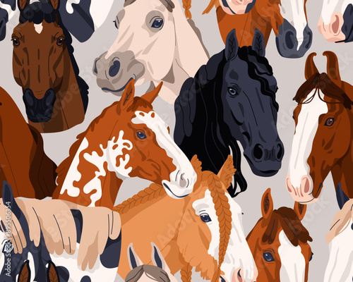 Seamless pattern, horse breeds. Beautiful stallion heads, endless equine background design. Thoroughbreds, repeating print for fabric, textile, wrapping and wallpaper. Flat vector illustration