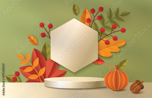 3d autumn podium background. Fall sale platform with pumpkin, orange leaves and acorn for Thanksgiving. Green wall and product stand for season discount in studio. Papercut template illustration