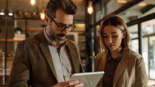 Real estate agent presenting property options on a tablet to a client, representing the future of digital real estate marketing.