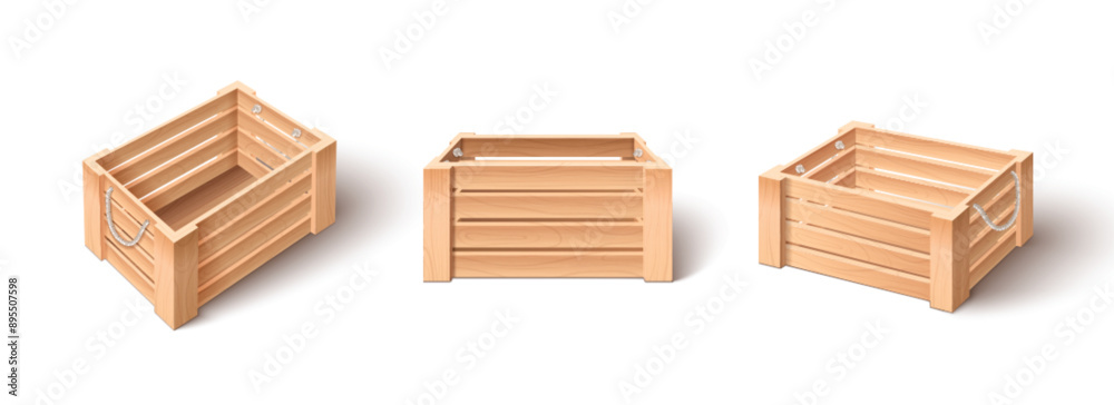 3d fruit crate box. Wooden vegetable basket vector. Realistic empty wood pallet for market storage. Brown tray container for agriculture harvest packaging and food delivery vintage design set 3d fruit crate box. Wooden vegetable basket vector. Realistic empty wood pallet for market storage. Brown tray container for agriculture harvest packaging and food delivery vintage design set