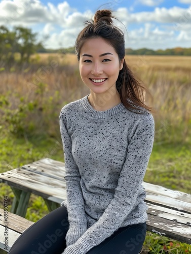 A young woman sitting on a bench in a field.