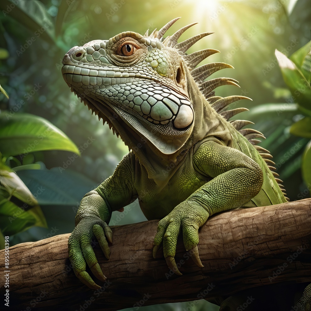 Fototapeta premium Vibrant green iguana in forest branches ,close up shot ,Ai Generated image