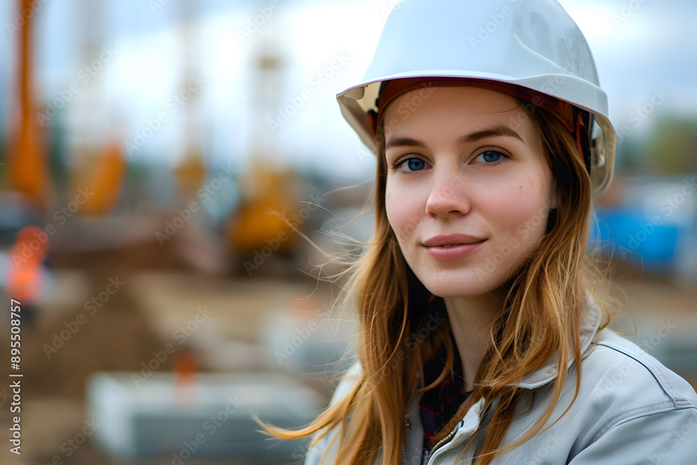 A portrait of a pretty site engineer with a construction background A portrait of a pretty site engineer with a construction background