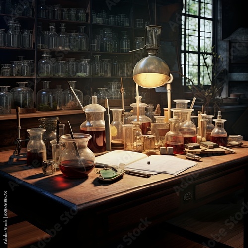 A scientist s workstation with various tools and an open reference book for research. It includes beakers, flasks, and a lamp. An open book is on the right side, ready for study.