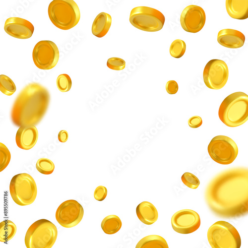 Gold coins explosion vector 3d background. Golden money frame backdrop. Flying wealth isolated on white background