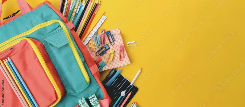 Fototapeta premium School-themed flat lay of stationery and toys on yellow, engaging design.