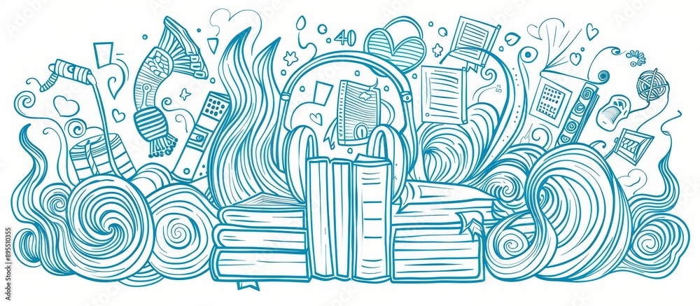 Obraz premium Artistic and educational coloring pages designed with blue line art of learning symbols.