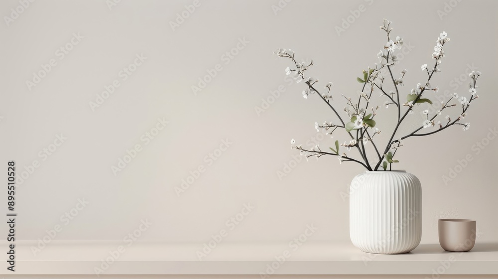 A bold, geometric black metal display stand holding a porcelain vase.