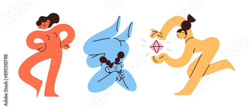 Funny doodle characters in modern trendy abstract style. Cute creative colorful girls set. Humor playful females. Comic whimsical weird freaky flat vector illustrations isolated on white background