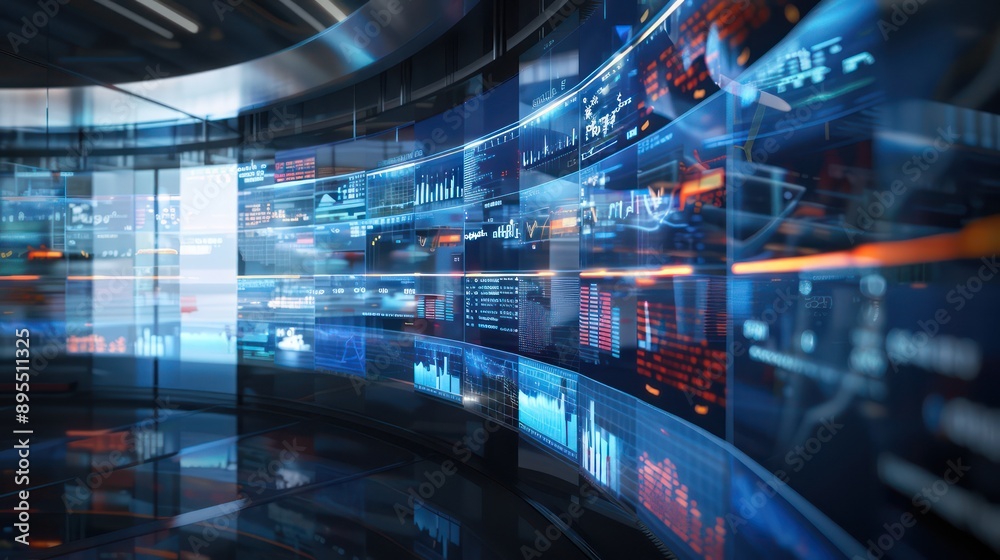 conceptual digital display of global financial news streaming in real-time on a curved, transparent screen in a futuristic setting conceptual digital display of global financial news streaming in real-time on a curved, transparent screen in a futuristic setting