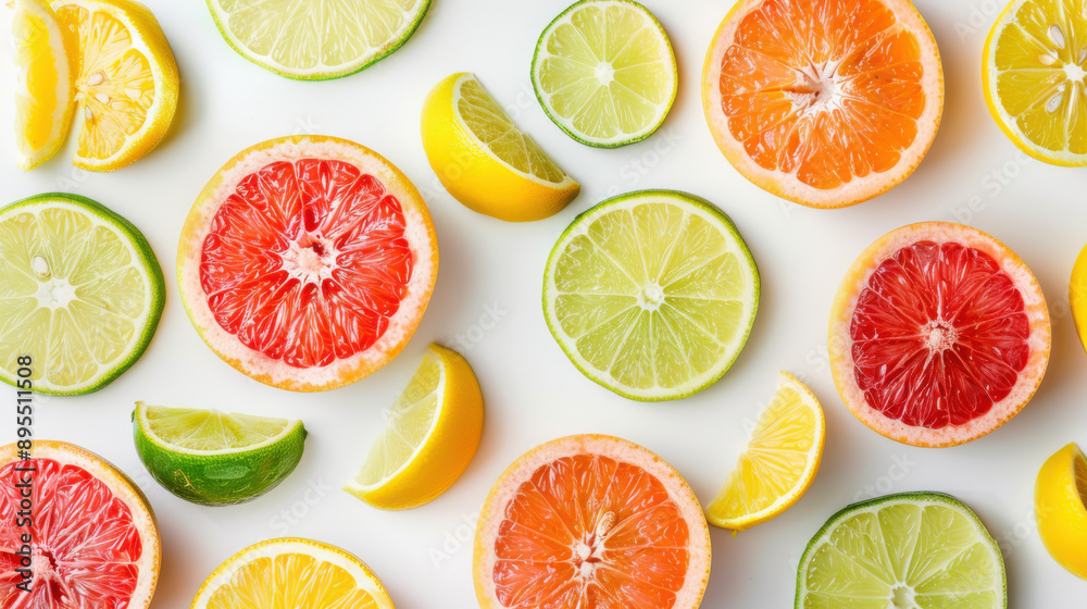 Slices of citrus fruits like lemon, lime, and grapefruit arranged in a pattern on a white background Slices of citrus fruits like lemon, lime, and grapefruit arranged in a pattern on a white background