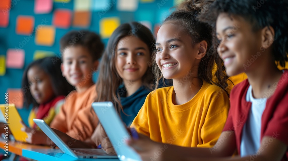 Smiling young students of different ethnic backgrounds immersed in educational activities on their laptops , illustrating the joy of learning in a modern and inclusive classroom setting Smiling young students of different ethnic backgrounds immersed in educational activities on their laptops , illustrating the joy of learning in a modern and inclusive classroom setting