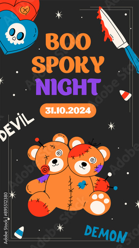 Happy Halloween poster or party flyer. Cute vector flat cartoon card with a grave with a voodoo doll, bear, knife, candy. Trendy flat design for decoration, advertising, greetings, banner, poster, 