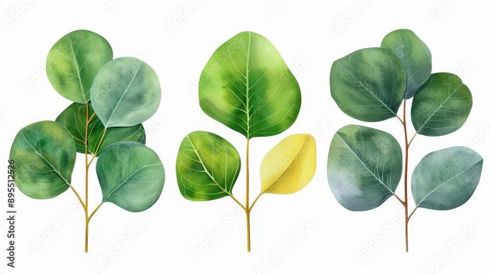 Obraz premium Vibrant green and yellow eucalyptus leaves in a detailed watercolor style, set against a clean white background. A touch of nature