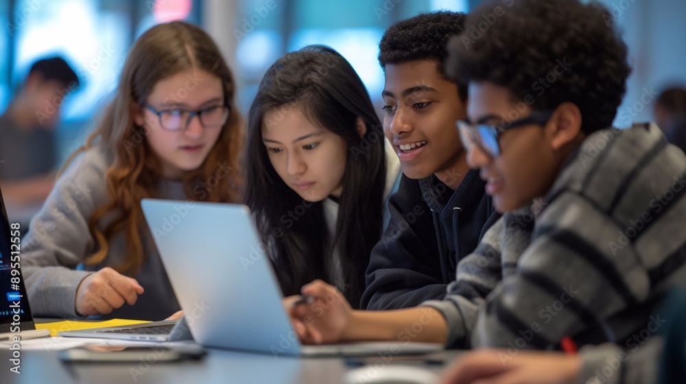 Teenagers work together on a computer science assignment in a classroom, highlighting the importance of teamwork and technology in modern education as they share ideas and troubleshoot code Teenagers work together on a computer science assignment in a classroom, highlighting the importance of teamwork and technology in modern education as they share ideas and troubleshoot code