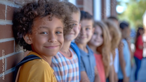 A multicultural group of young students, happy little boy, the inclusive and diverse nature of educational environments. friendship, diversity, and the excitement of a new school year