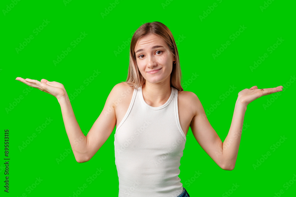Young Woman Holding Out Both Hands In Front of Green Screen Background Young Woman Holding Out Both Hands In Front of Green Screen Background