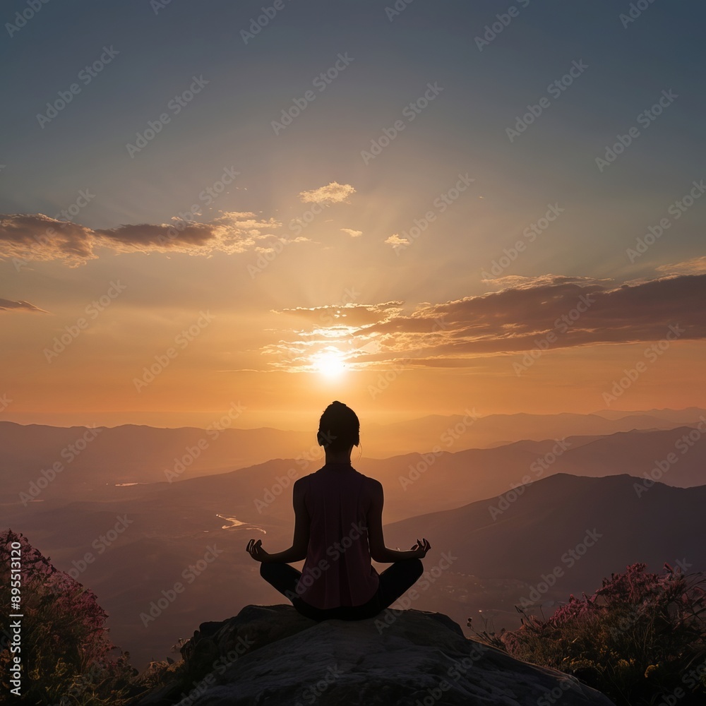 Women Mediating on top of hill at golden hour during sunrise ,sunset, yoga at sunrise ,ai generated Women Mediating on top of hill at golden hour during sunrise ,sunset, yoga at sunrise ,ai generated